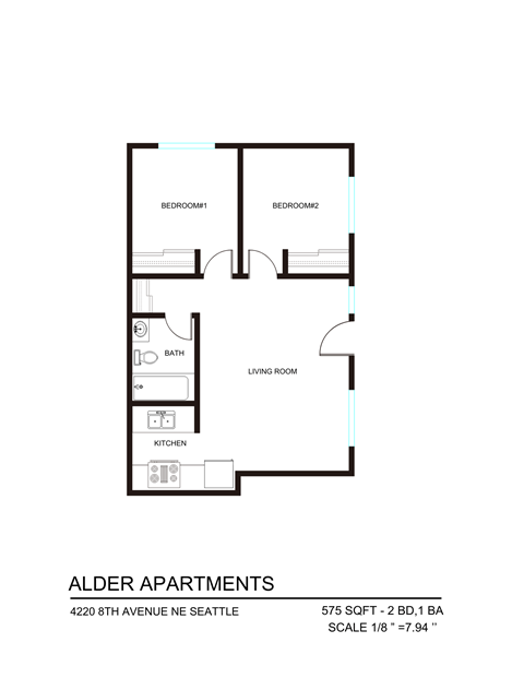 Floor plan for 2 beds, 1 bath, 560 sqft